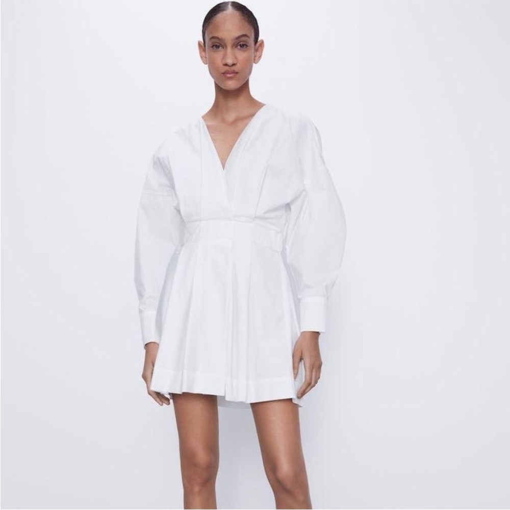 ZARA V-Neck Crossed pleated White mini cotton long sleeve Shirt Dress XS NWT - Picture 9 of 16